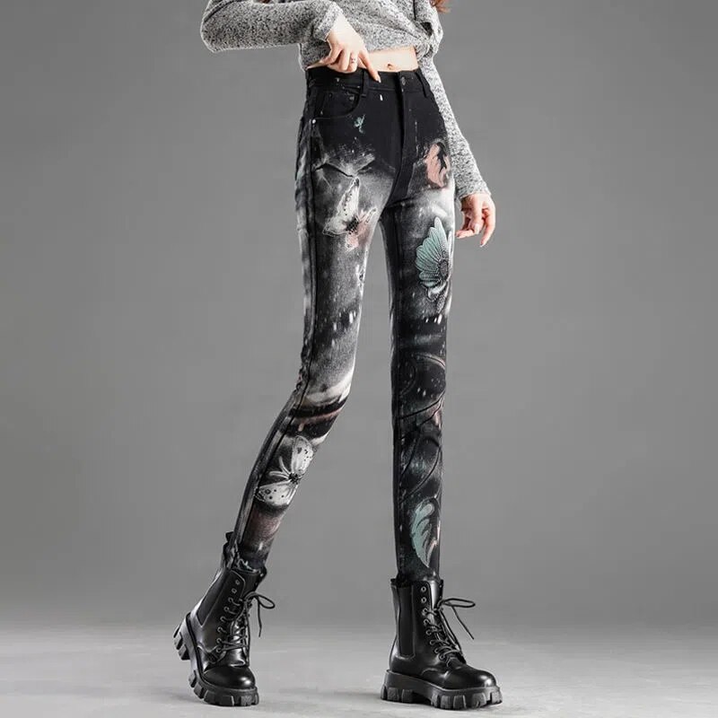 2023 Spring Autumn New Jeans Women Black Printed High Elastic Diamond Inlay Pencil Pants Female Slim Fashion Versati